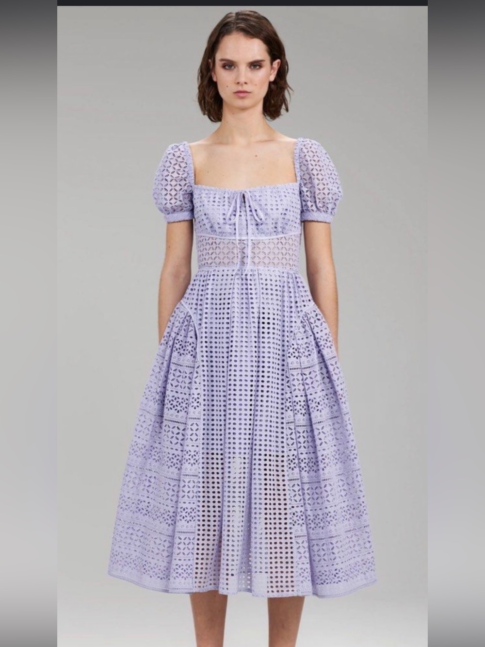 Lavender Eyelet Midi Dress with Puff Sleeves - Self portrait Dress size 12